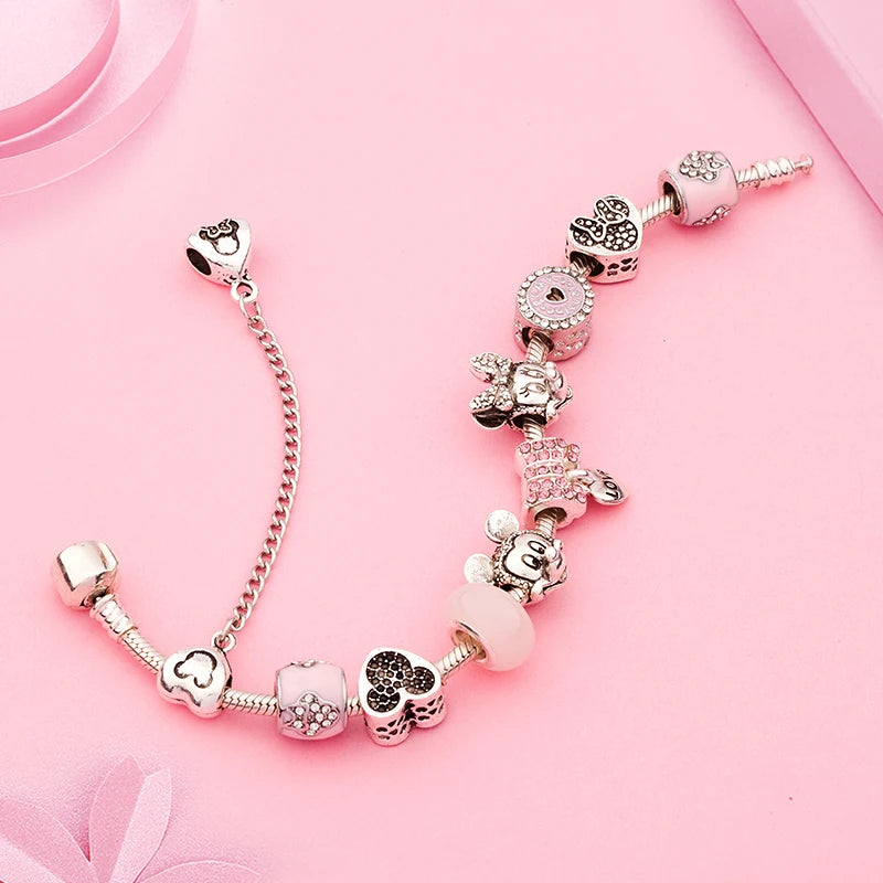 2023 Cute Pink Crystal Mickey Minnie Charm Disney Bracelet Silver Color Heart Bead Bracelet for Women Girl Fashion Jewelry Gift
