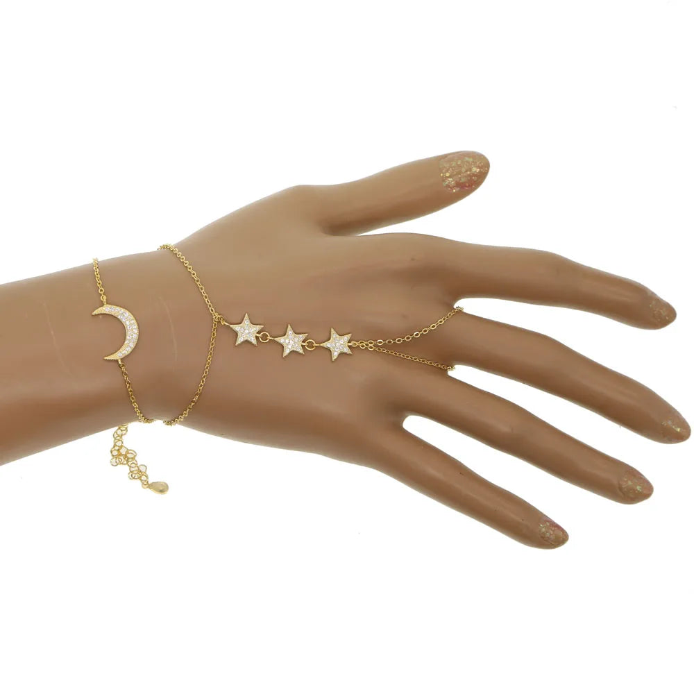 925 Sterling Silver Gold Color Wristlet Link Chain Bezel Cz Infinity Star Moon Charm Hand Slave Bracelet Jewelry for Women