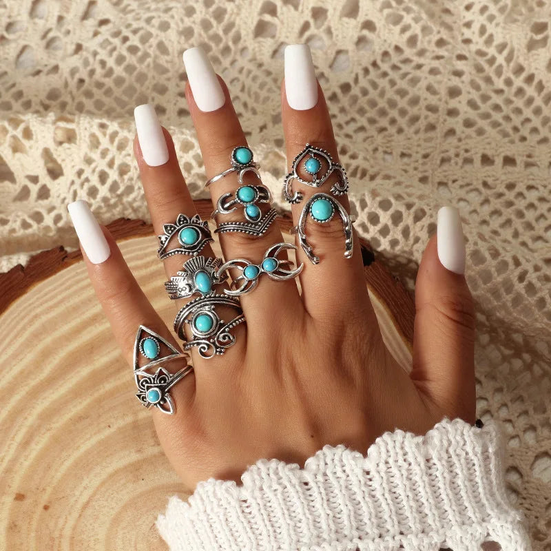 11Pcs/set Vintage Antique Silver Color Eagle Deer Moon Crown Leaf Finger Midi Knuckle Rings Set for Women Bohemia Jewelry Anillo
