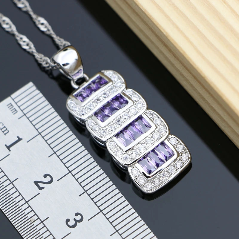 925 Sterling Silver Bride Jewelry Sets Purple Amethyst with Crystal Earrings Stone Geometric Necklace Set Dropshipping