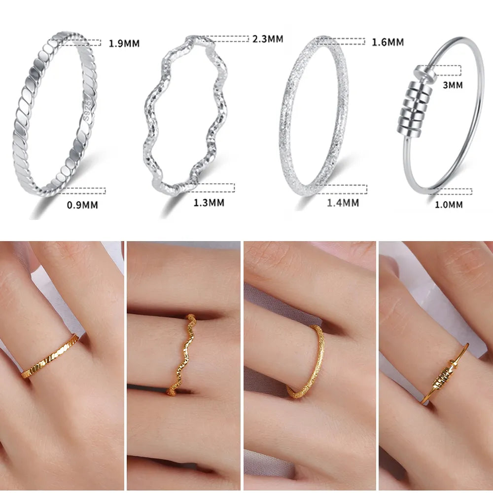 925 Sterling Silver Ring Fine Jewelry for Women Trendy Vintage Thin Simple Geometric Wave Gold Color Finger Rings Accessories
