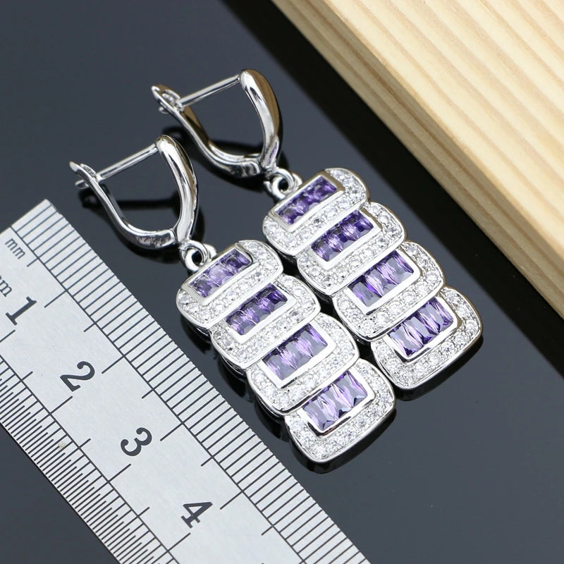 925 Sterling Silver Bride Jewelry Sets Purple Amethyst with Crystal Earrings Stone Geometric Necklace Set Dropshipping