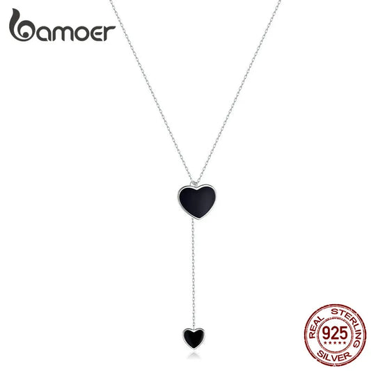 Bamoer 925 Sterling Silver Double Black Heart Pendant Necklace for Women Simple Black Enamel Y-shape Chain Necklace BSN095