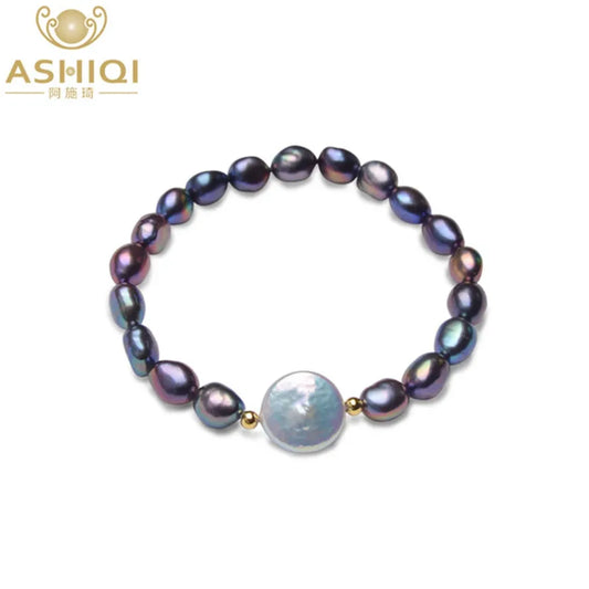 ASHIQI Big 12-13mm Button Freshwater Pearl Bracelets Natural Black Baroque Pearl for women with 925 Sterling Silver Bead