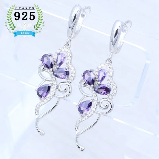 Amethyst Earrings Plant Flower Shape 925 Sterling Silver Earrings Elegant Jewelry for Girls Engagement