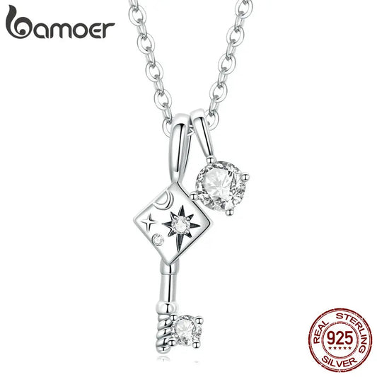 Bamoer 925 Sterling Silver Delicate Key & Lock Necklace for Women Shiny Cubic Zircon Pendant Chain Fine Jewelry 16.93'' SCN475