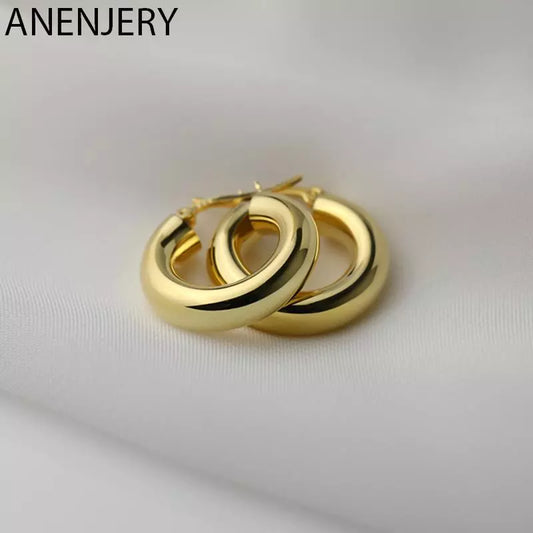 ANENJERY Silver Color Chunky Hoop Earrings for Women Round Tube Earrings Daily Party Jewelry Huggies Jewelry pulseras mujer