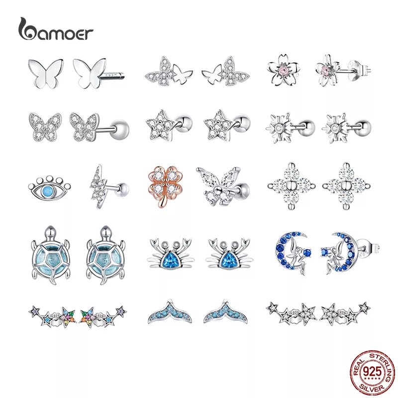 Bamoer Real 925 Sterling Silver Butterfly Animal Flower Ear Studs for Women Exquisite Party Earrings for Girl Original Design