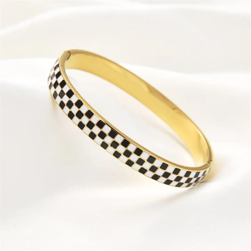 FYSARA New Trendy Colorful Black And White Checkerboard 8MM Bracelets For Women Fashion Bangle Stainless Steel Bangles Jewelry