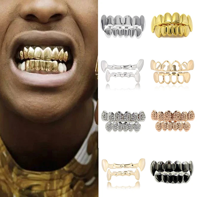 Hip Hop Teeth Grillz Set For Unisex Top Bottom Mouth Gold Silver Color Tooth Grills Punk Vampire Fangs Teeth Cap Cosplay Jewelry