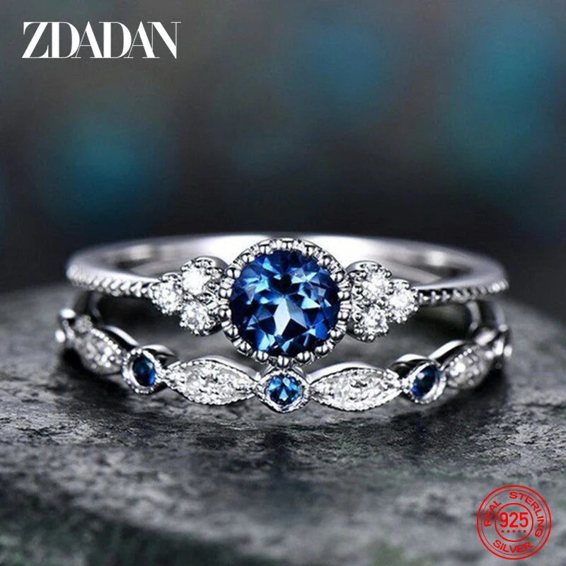 ZDADAN 925 Sterling Silver Emerald Zircon Ring For Women Charm Blue Gemstone Rings Wedding Jewelry Gift