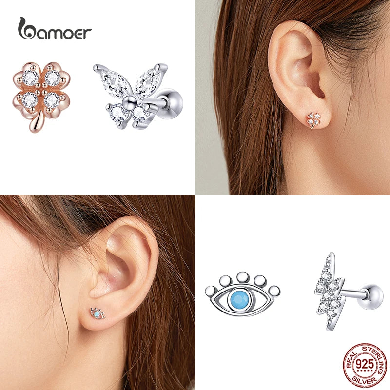 Bamoer Real 925 Sterling Silver Butterfly Animal Flower Ear Studs for Women Exquisite Party Earrings for Girl Original Design