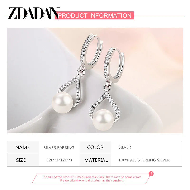 ZDADAN 925 Sterling Silver Pearl Drop Shape CZ Dangle Earrings For Women Fashion Wedding Jewelry Party Gift Wholesale