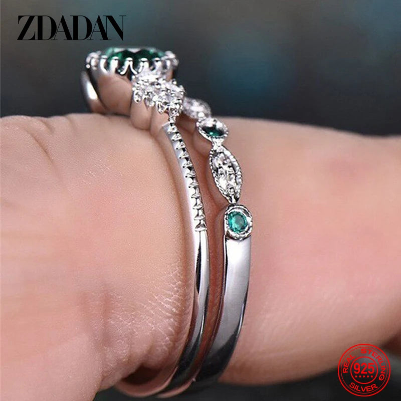 ZDADAN 925 Sterling Silver Emerald Zircon Ring For Women Charm Blue Gemstone Rings Wedding Jewelry Gift