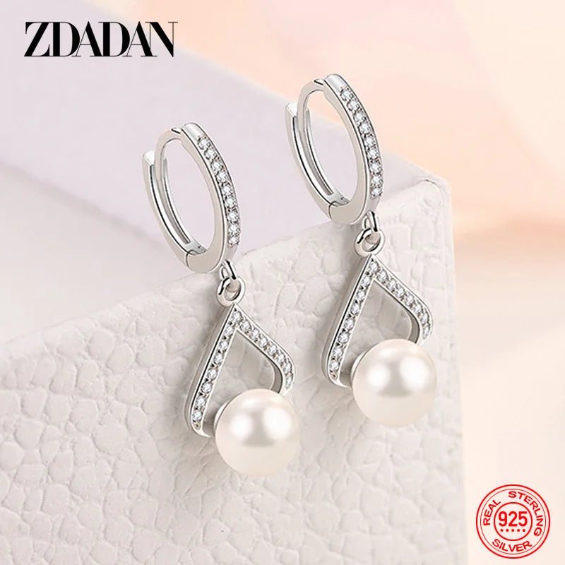 ZDADAN 925 Sterling Silver Pearl Drop Shape CZ Dangle Earrings For Women Fashion Wedding Jewelry Party Gift Wholesale