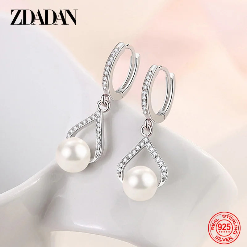 ZDADAN 925 Sterling Silver Pearl Drop Shape CZ Dangle Earrings For Women Fashion Wedding Jewelry Party Gift Wholesale