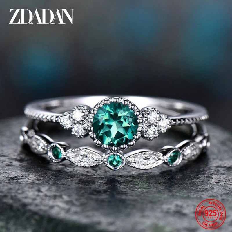 ZDADAN 925 Sterling Silver Emerald Zircon Ring For Women Charm Blue Gemstone Rings Wedding Jewelry Gift