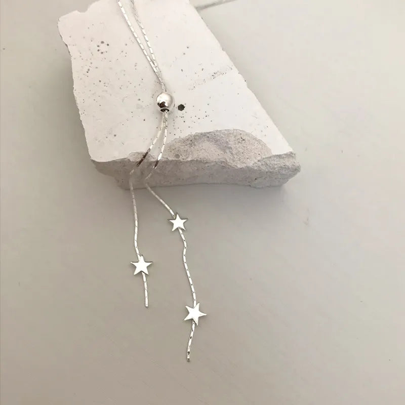 New S925 Sterling Silver Simple Pull-out Choker Women Necklace Glossy stars Pendants Chain For Girl Wedding Gift Fine Jewelry