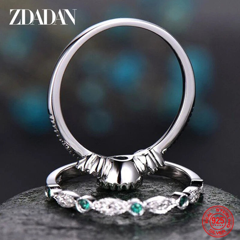 ZDADAN 925 Sterling Silver Emerald Zircon Ring For Women Charm Blue Gemstone Rings Wedding Jewelry Gift