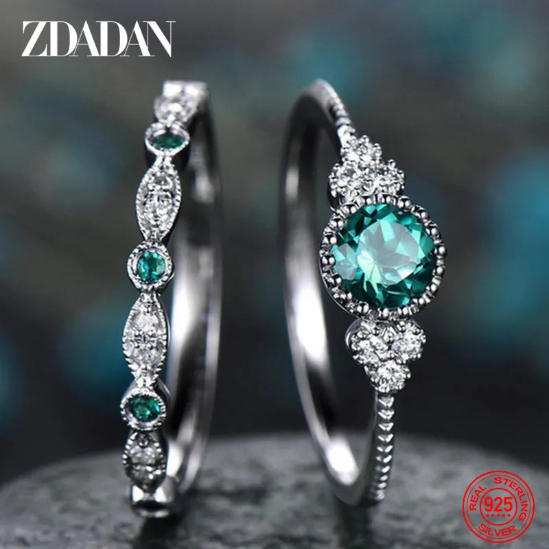 ZDADAN 925 Sterling Silver Emerald Zircon Ring For Women Charm Blue Gemstone Rings Wedding Jewelry Gift