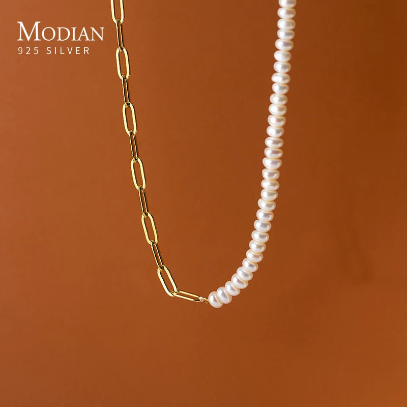 MODIAN Real 925 Sterling Silver Asymmetry Natural Pearl Necklace Fashion Gold Plated Chain Necklaces For Women Jewelry Collar