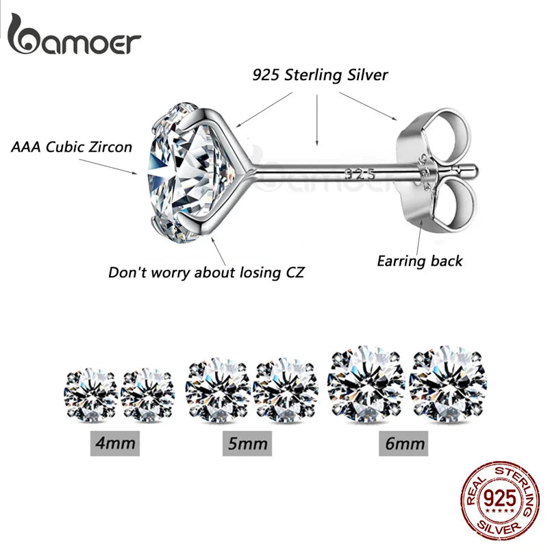 bamoer 3 Pairs Stud Earrings Set 925 Sterling Silver Stone CZ Minimalist Dazzling Fashion Earrings 4mm 5mm 6mm Diameter BSE166