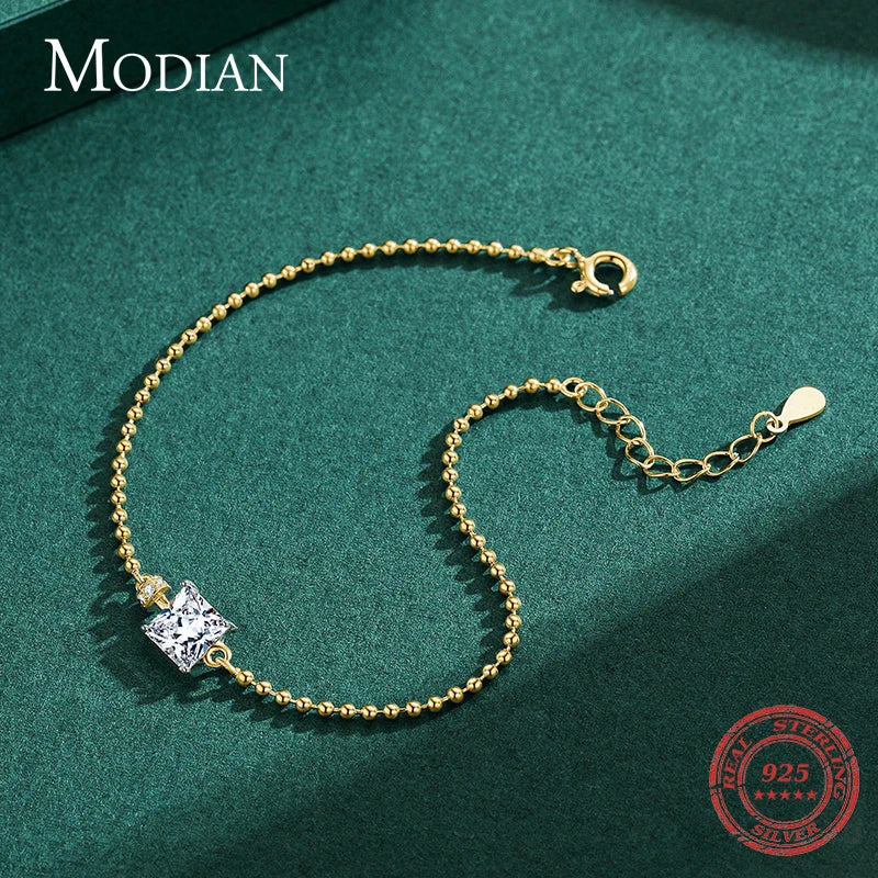 Modian Classic Square Clear CZ Bracelets Solid 925 Sterling Silver Charm Beads Chain Bracelet For Women Wedding Fine Jewelry