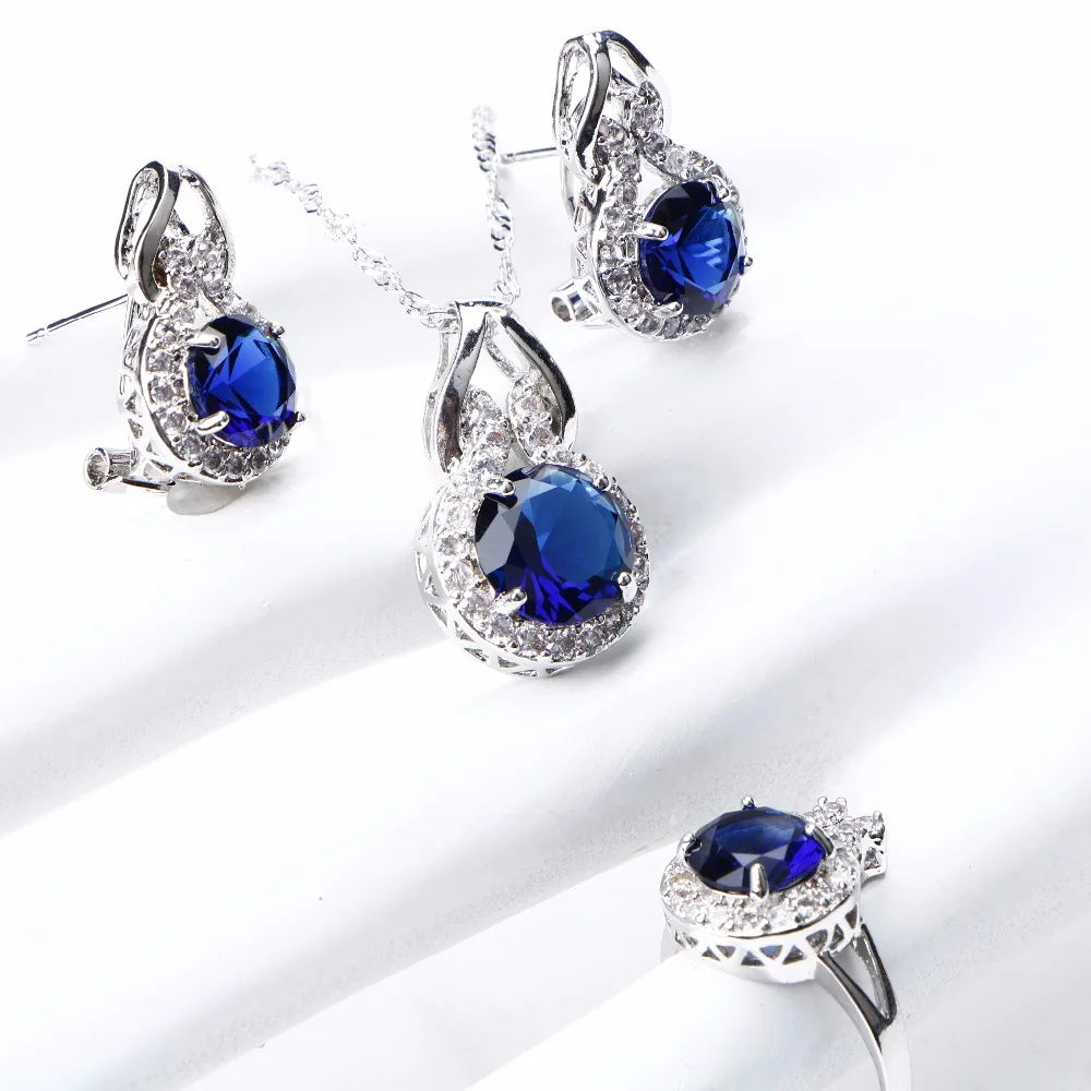 Bridal Jewelry Set For Women 925 Sterling Silver Jewelry Wedding Bracelet Earrings Ring Blue CZ Stones Necklace Set Gifts Box