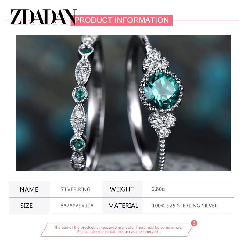 ZDADAN 925 Sterling Silver Emerald Zircon Ring For Women Charm Blue Gemstone Rings Wedding Jewelry Gift