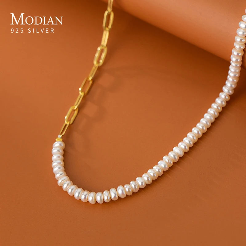 MODIAN Real 925 Sterling Silver Asymmetry Natural Pearl Necklace Fashion Gold Plated Chain Necklaces For Women Jewelry Collar