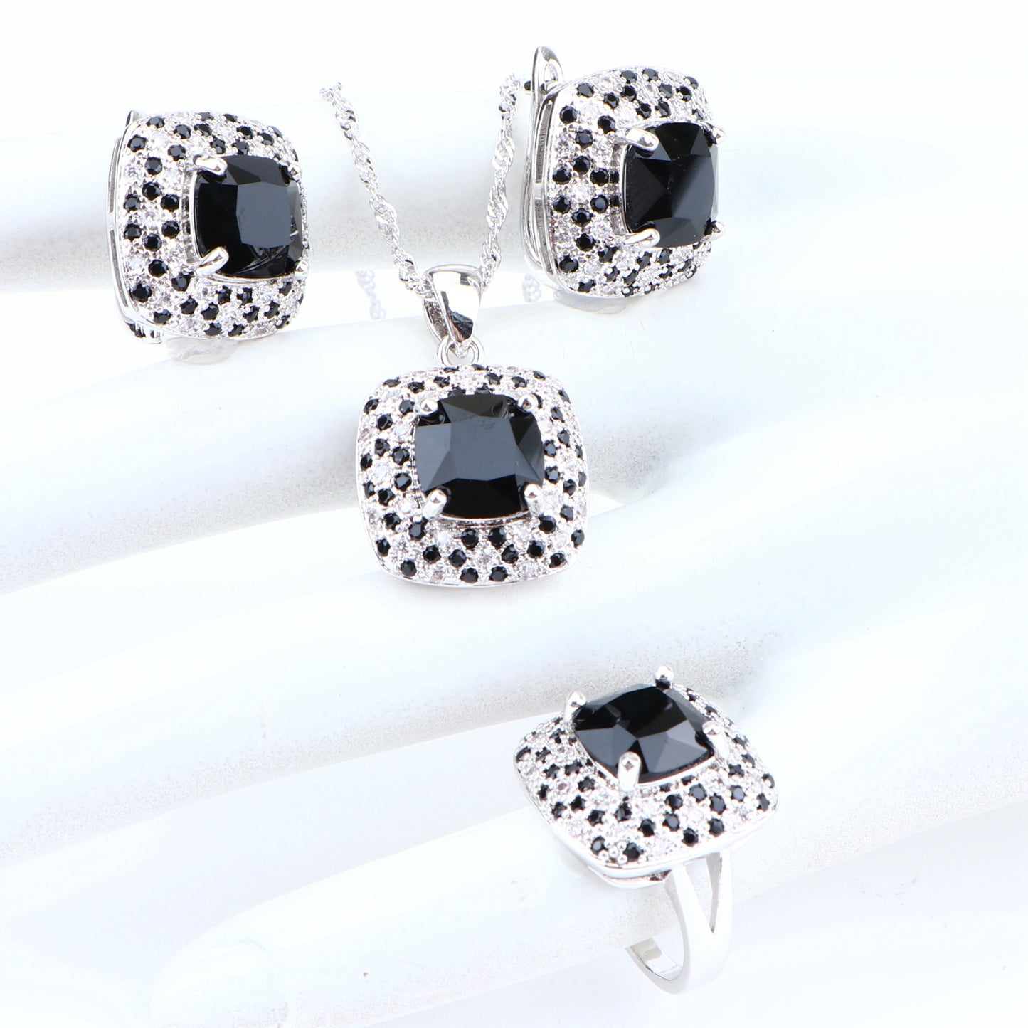 Wedding Silver 925 Jewelry Sets For Women Black Zirconia Earrings Bracelets Ring Costume Jewelry Pendant Necklace Set Gift Box