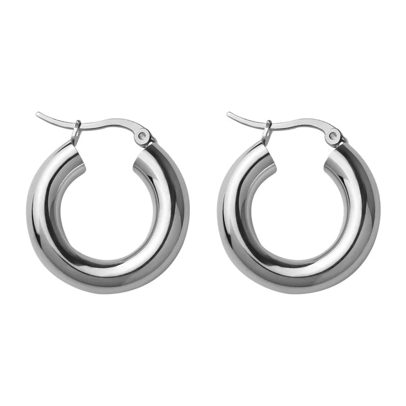 ANENJERY Silver Color Chunky Hoop Earrings for Women Round Tube Earrings Daily Party Jewelry Huggies Jewelry pulseras mujer