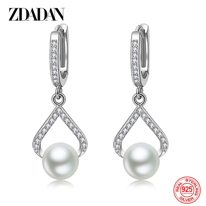 ZDADAN 925 Sterling Silver Pearl Drop Shape CZ Dangle Earrings For Women Fashion Wedding Jewelry Party Gift Wholesale