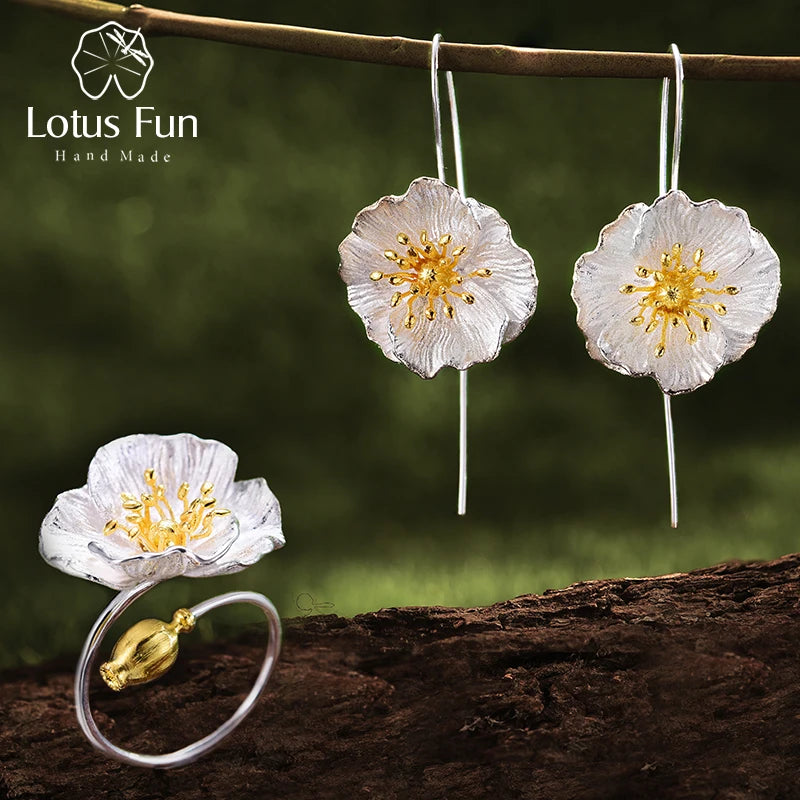 Lotus Fun Real 925 Sterling Silver Handmade Fine Jewelry Blooming Poppies Flower Jewelry Set for Women