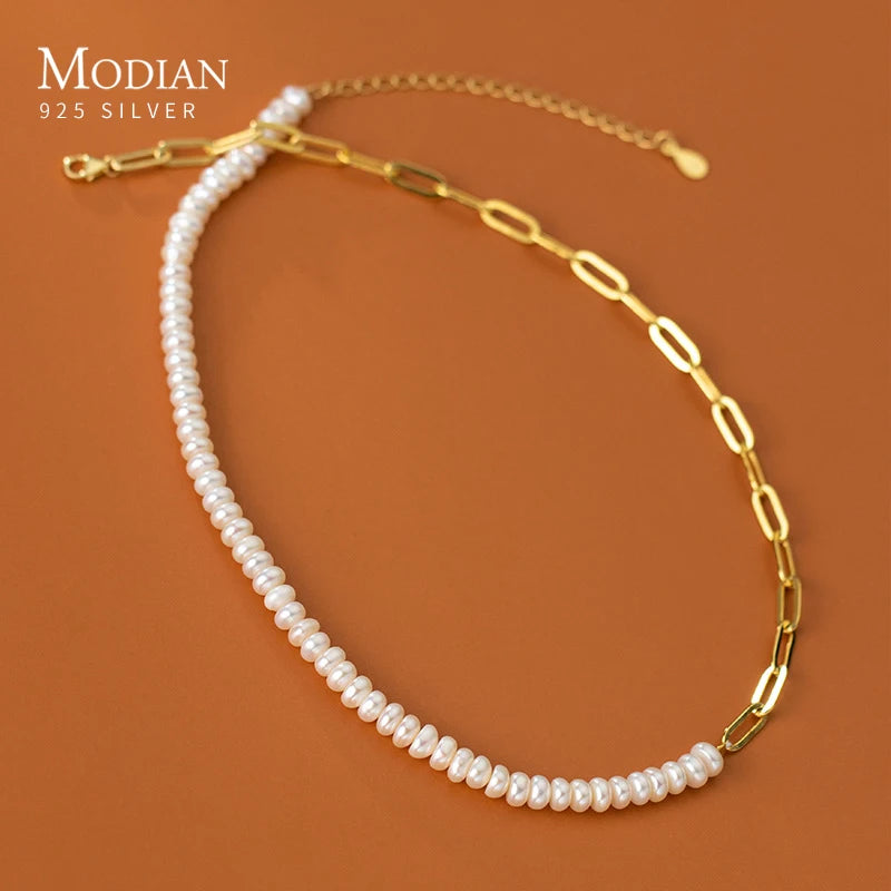 MODIAN Real 925 Sterling Silver Asymmetry Natural Pearl Necklace Fashion Gold Plated Chain Necklaces For Women Jewelry Collar