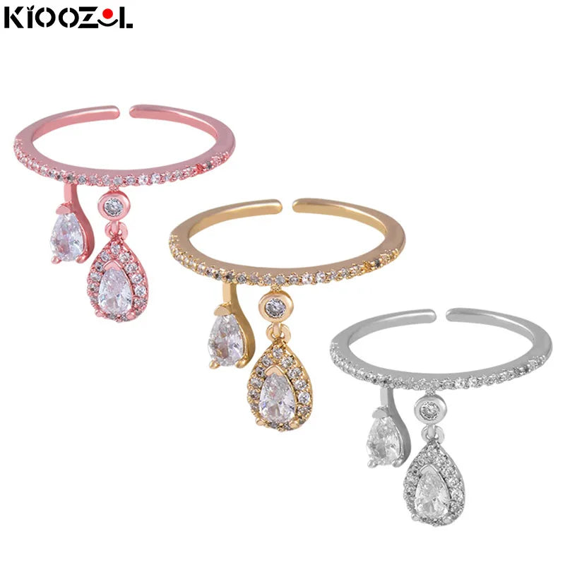 KIOOZOL shiny teardrop crystal pendant women's ring rose gold silver color rings кольца fashion jewelry KO5