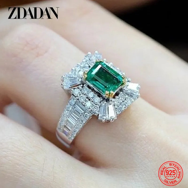 ZDADAN 925 Sterling Silver Emerald Zircon Ring For Women Charm Wedding Jewelry Party Gift