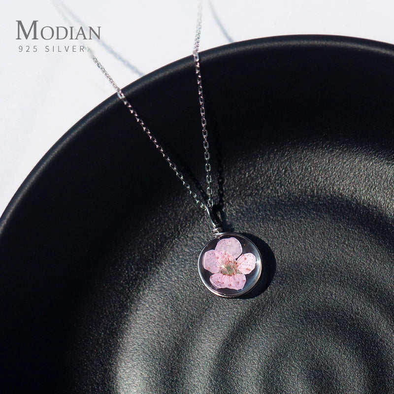 Modian Charm Luxury Round Peach Flower Pendant Necklaces For Women 100% 925 Sterling Silver Fashion Chain Fine Jewelry Bijoux