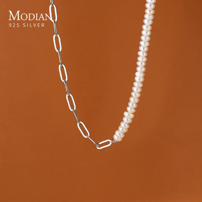 MODIAN Real 925 Sterling Silver Asymmetry Natural Pearl Necklace Fashion Gold Plated Chain Necklaces For Women Jewelry Collar