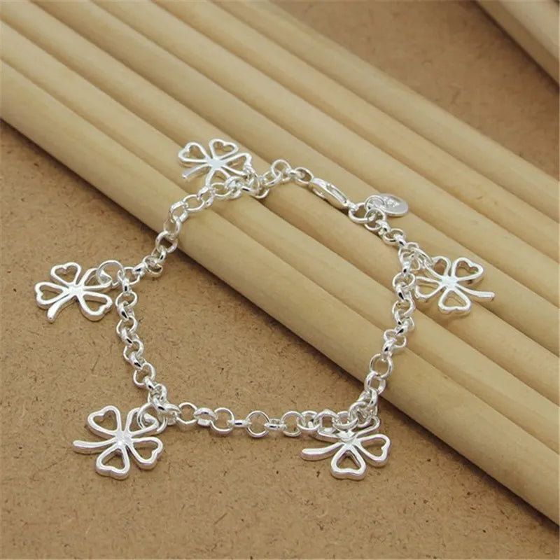 High Quality 925 Sterling Silver Bracelet Four Leaf Clover Bracelet 8 Inches For Women & Men Party Charm Jewelry Gifts