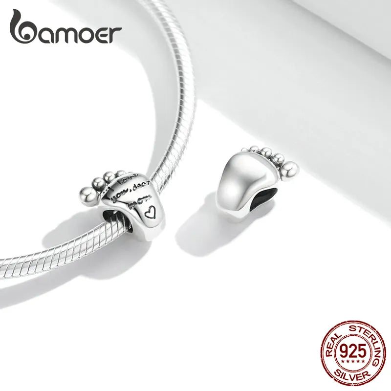 bamoer 925 Sterling Silver Family Maternal Love Charm Baby Feet Bead Mom Heart Pendant for Original Bracelet Bangle DIY Jewelry