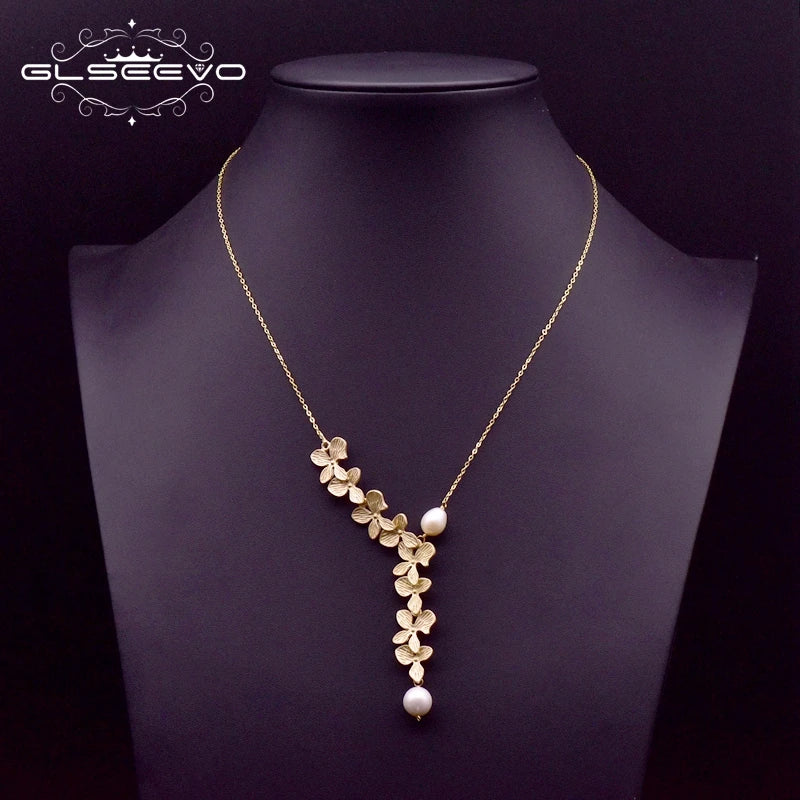 GLSEEVO 925 Sterling Silver Leaf Necklace Natural Fresh Water Pearl Pendant Necklace For Women Wedding Fine Jewelry GN0110