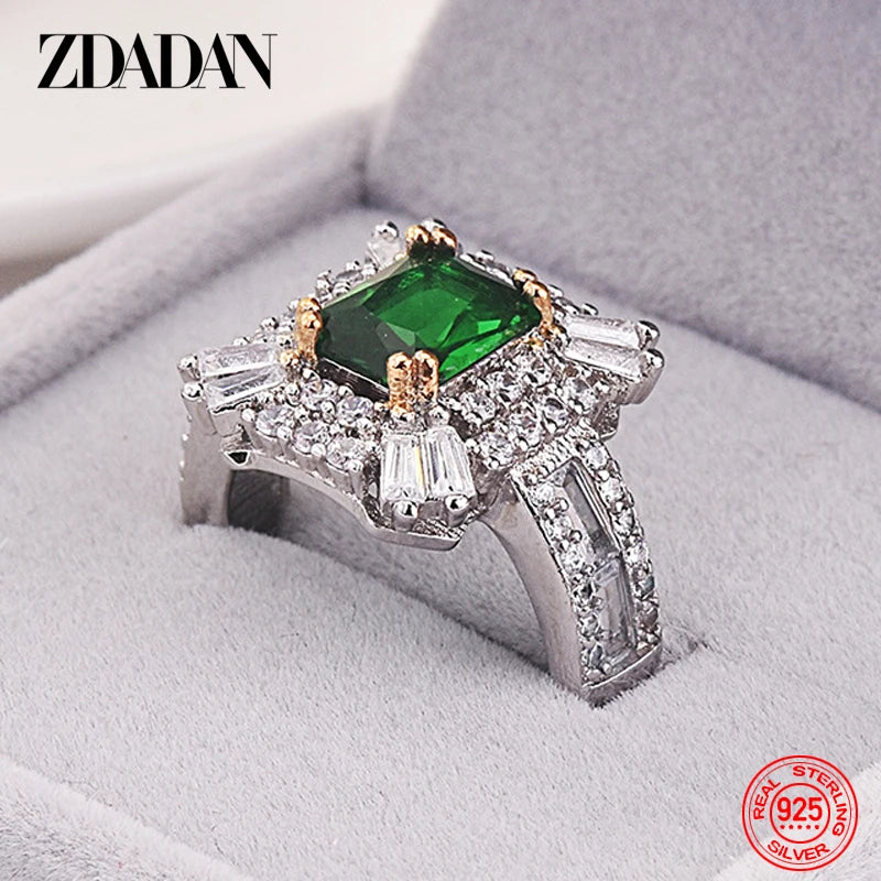 ZDADAN 925 Sterling Silver Emerald Zircon Ring For Women Charm Wedding Jewelry Party Gift