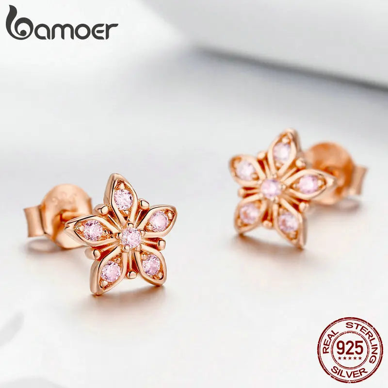 BAMOER Genuine 925 Sterling Silver Sakura Pink Flower Exquisite Stud Earrings for Women Wedding Party Jewelry Gift BSE034