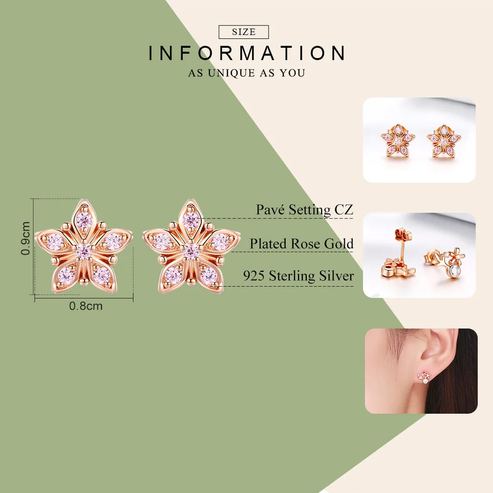 BAMOER Genuine 925 Sterling Silver Sakura Pink Flower Exquisite Stud Earrings for Women Wedding Party Jewelry Gift BSE034