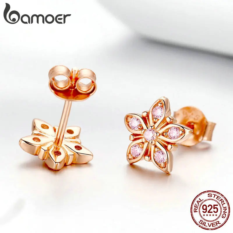 BAMOER Genuine 925 Sterling Silver Sakura Pink Flower Exquisite Stud Earrings for Women Wedding Party Jewelry Gift BSE034