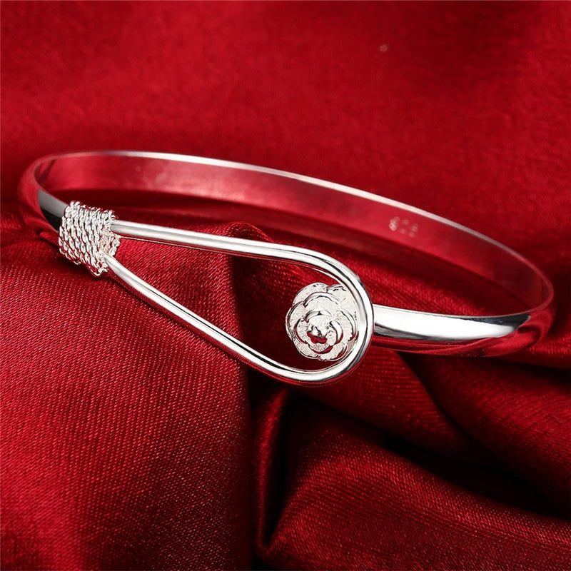 DOTEFFIL 925 Sterling Silver Rose Flower Bangle Bracelet For Women Wedding Engagement Fashion Charm Party Jewelry