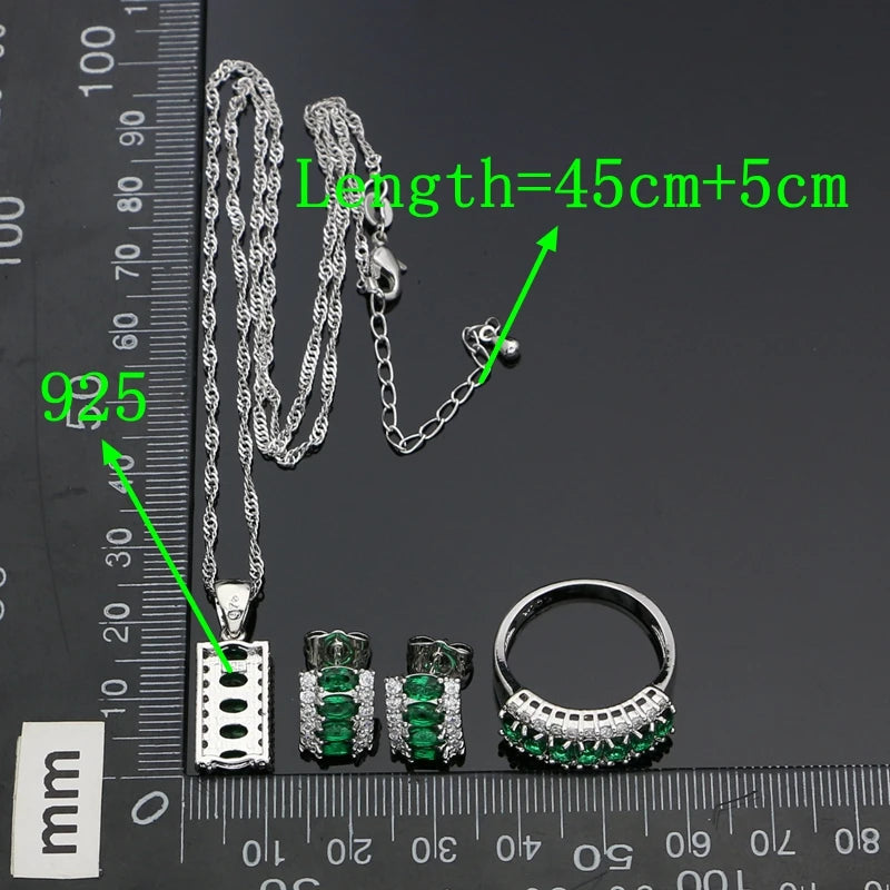 925 Silver Women Wedding Jewelry Sets Green Cubic Zirconia White Crystal Stud Earrings Pendant Ring Bracelet Necklace Sets