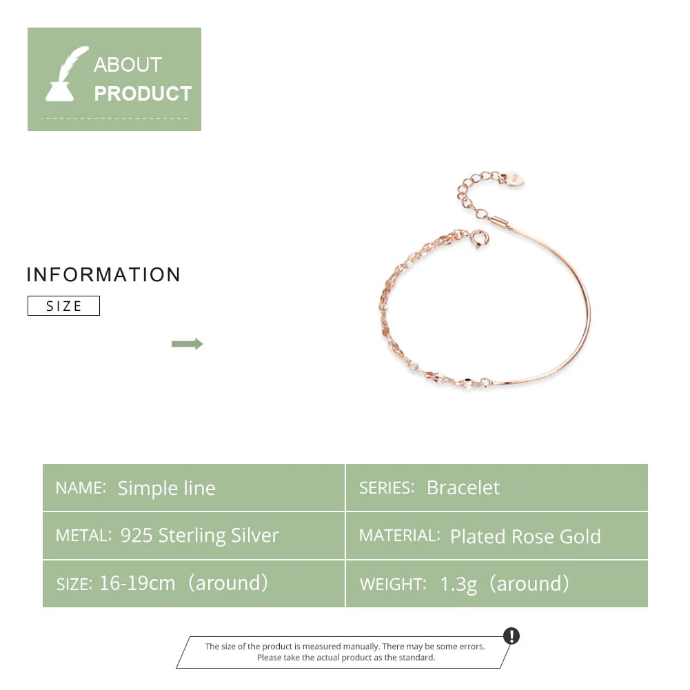 bamoer Basic Rose Gold Color Silver Bracelet Cable Box Chain Lobster Lock Bracelets Sterling Silver Jewelry Match Joker SCB149