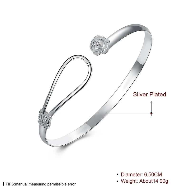 DOTEFFIL 925 Sterling Silver Rose Flower Bangle Bracelet For Women Wedding Engagement Fashion Charm Party Jewelry